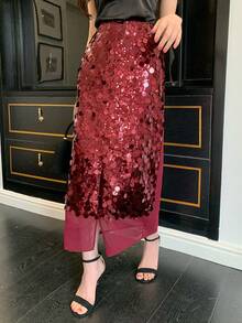 DAZY Chân váy suông đính sequin thanh lịch dành cho nữ, thích hợp cho mùa xuân/hè. - Màu Đỏ Sâu - Xem 4