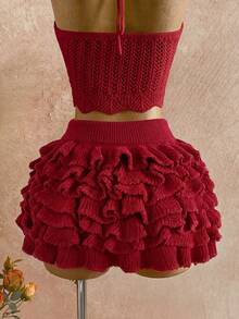 Soleia 女士纯色海星装饰系领针织上衣和针织迷你裙休闲日常套装 - 酒紅色 - 查看 7