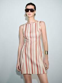 Lumivelle Women's Elegant Retro Striped Print Wavy Hem Sleeveless Dress, Fashionable And Chic For Summer - Multicolor - View 3