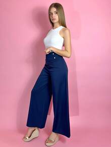 Aless PB 女士高腰显瘦阔腿藏蓝色长裤，适合通勤。 - 藏蓝色 - 查看 3