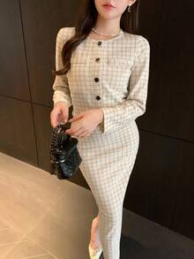DAZY 女士优雅格子外套连衣裙两件套，秋季 - 杏色 - 查看 3