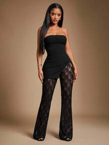 SHEIN PETITE CURVE 大码女式纯色抹胸上衣和蕾丝喇叭裤两件套，时尚百搭，适合约会和外出穿着 - 黑色 - 查看 4