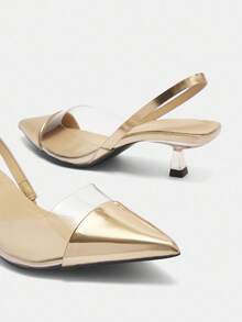 Women's Color Block Pointed Toe Backless Shoes, Minimalistic Style All-Match Shoes For Daily & Outdoor Wear, Suitable For Spring & Summer, Champagne-Colored High Heels, Elegant, Kitten Heels, Party Spring Shoes Summer Shoes - Champagne - View 12
