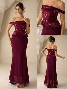 Coutiva Women's Elegant Burgundy Sequin Embellished Off-Shoulder Dress,Heavy Embroidery Rhinestone Formal Evening Gown For Banquet,Prom,Wedding Guest & Gala - Burgundy - View 1