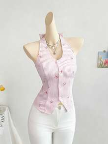 SHEIN Elenzya Áo tank top không tay ôm sát in họa tiết nơ và sọc dành cho nữ - Hồng - Xem 6