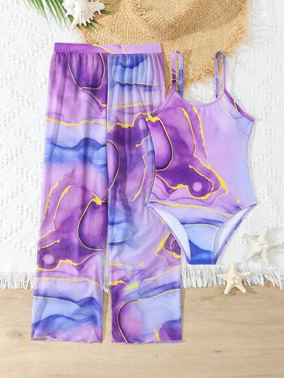 SHEIN Tween Girl Camisole One-Piece Swimsuit And Long Pants, Suitable For Vacation, Summer, Beach, Pool Party