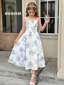 SHEIN 少女优雅印花吊带荷叶边A字摆连衣裙，波西米亚风长裙，适合海滩度假、热带假期、春夏穿着 - 藍色 - 查看 2