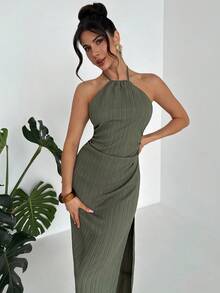 Firerie Women's Elegant Romantic Date Holiday Dress, Green Halter Neck Backless Ruched Waist Straight Hem Dress, Beach Holiday Dress, Beach Cover Up - Olive Green - View 3