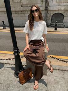 Maija 女士休闲日常纯色撞色蕾丝二合一裤 - 棕色 - 查看 5