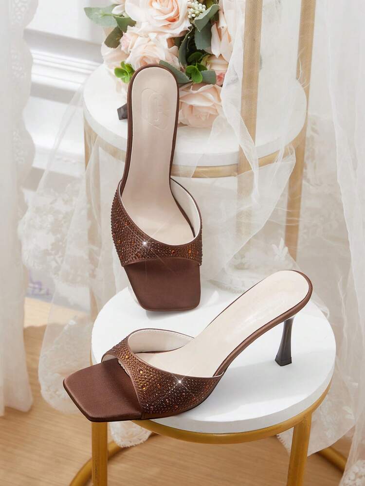 CUCCOO HITCHD New Coffee Brown Fine Heel Square Toe Rhinestone Fashion Versatile Women's High Heel Shoes Wedding Shoes Summer Shoes Bride Shoes