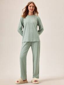 Loomlin COTTON WOMEN 2 PCS ROUND NECK WITH CONTRAST COLOUR HEART PATTERN LONG SLEEVE SHIRT&PANT HOMEWEAR COMFORT SET - Mint Green - View 3