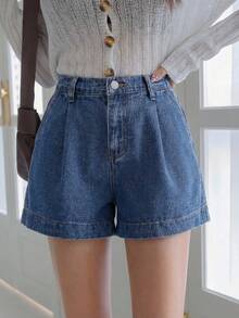 Teen Girl Summer Boho Casual High Waist Solid Washed Pleated Baggy Wide Leg Denim Shorts,Suitable For Travel And Gathering, Spring/Summer Preppy Aesthetic Denim,Summer Pleated,Casuals, Holiday,Summer Holiday,Spring,Valentines Day,Casual - Medium Wash - View 3