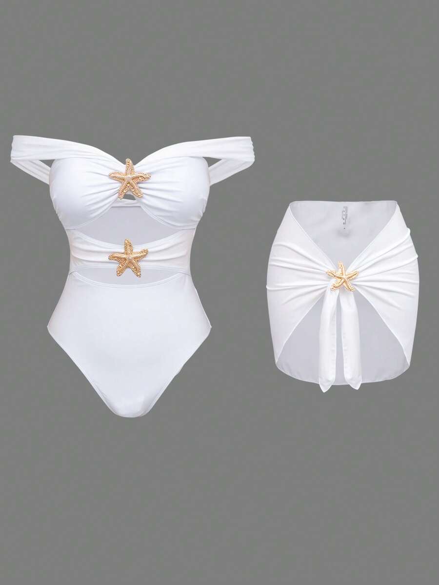 Swim Oasis Women One-Shoulder Solid Color Front Cutout Decor Tankini Two Pieces Swimsuit - White - View 1