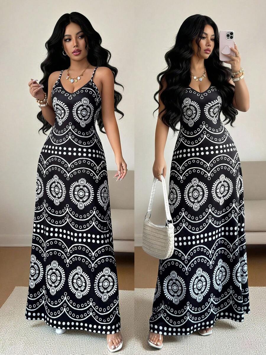 Elenzga 女士休闲度假佩里斯印花连衣裙 - 黑色 - 查看 1
