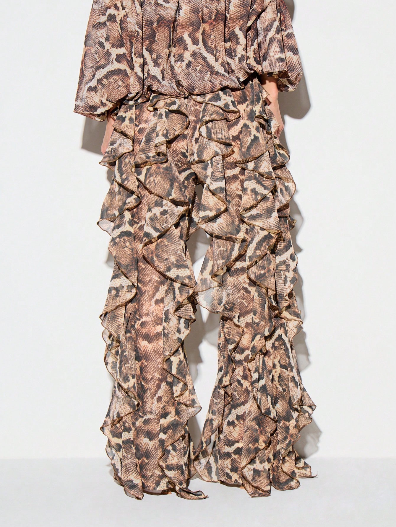 KIZN Snake Print Chiffon Ruffle Flare Pants