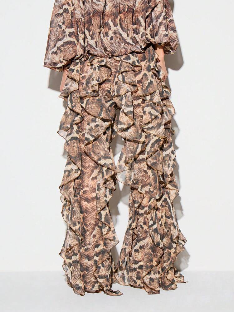 KIZN Snake Print Chiffon Ruffle Flare Pants