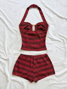 Soleia 女士条纹针织纹理面料金属装饰露背系带露脐上衣和超短裤两件套，适合派对、圣诞节、约会、夜店、海滩、邮轮、下午茶、波西米亚风、度假、秋季等场合。 - 酒紅色 - 查看 2
