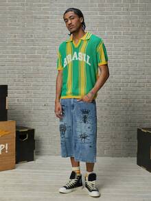 GALLERY FADE 男士撞色条纹字母印花镂空针织上衣 - 綠色 - 查看 5