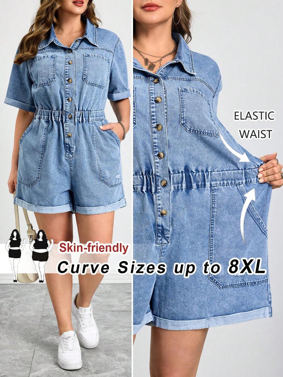 SHEIN CURVE+ 大码女式短袖单排扣休闲宽松牛仔连体裤,带口袋,春夏皆宜,适合嘉年华、通勤、度假、毕业典礼等场合,时尚百搭,Y2K风格,可爱街头风,适合派对、婚礼、商务休闲等场合。浅色水洗牛仔连体裤,翻领设计,收腰剪裁,适合日常穿着,蓝色。 - 藍色 - 查看 1