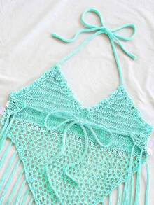 Soleia Top de punto sin espalda con cuello halter, dobladillo con flecos y decoración de lentejuelas para vacaciones en la playa - Azul menta - Ver 5
