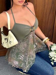 GalTyme 大码女式露背腰果印花金属装饰不对称下摆时尚百搭休闲上衣 - 綠色 - 查看 3