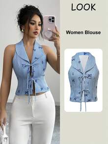 Elenzga Women's Bow Tie Striped & Printed Design Large Scarf Collar Sleeveless Front Bow Tie Fastening Placket Elegant Blouse - Multicolor - View 1