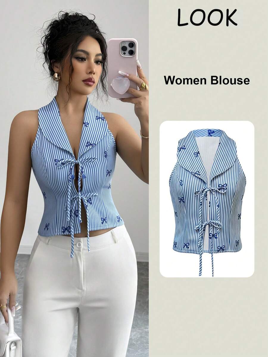 Elenzga Women's Bow Tie Striped & Printed Design Large Scarf Collar Sleeveless Front Bow Tie Fastening Placket Elegant Blouse - Multicolor - View 1