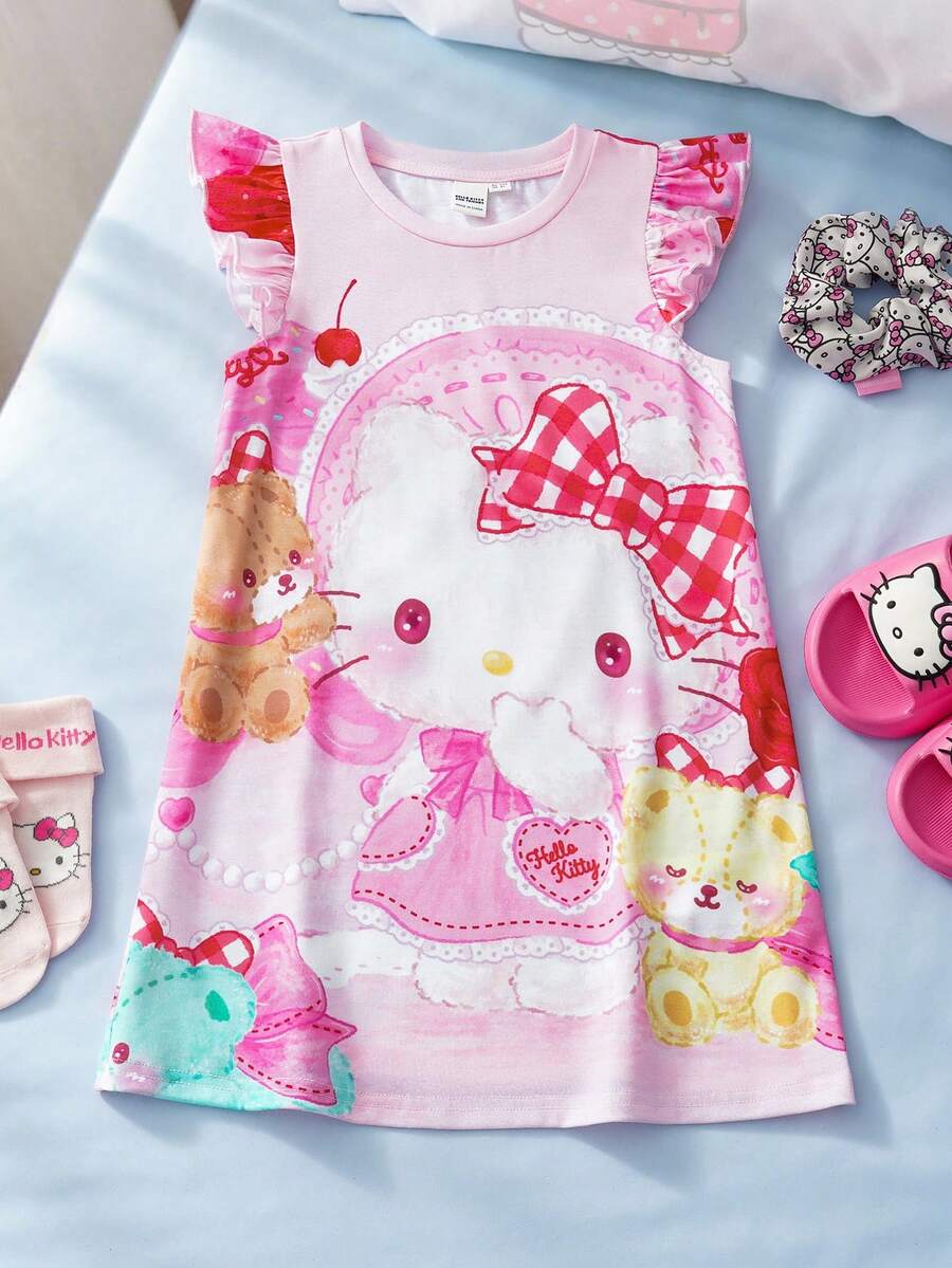 HELLO KITTY AND FRIENDS | SHEIN 1pc Young Girl Casual Cute Cat Print Ruffle Trim Nightgown - Multicolor - View 1