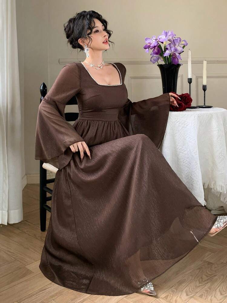 Spring & Summer Brown Shiny Rhinestone Decor Square Neck Organza Dress, Elegant For Valentine's Day, Wedding, Party, Banquet, Fashion Event, Commute, Flared Sleeves, Waist Cinched, Midi Length Sundress
