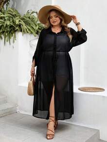 SHEIN CURVE+ Curve 尺码 US22 音乐节、海滨度假、波西米亚风女士黑色长款开衫，纽扣开衫，黑色长款开衫，沙滩度假 - 黑色 - 查看 6