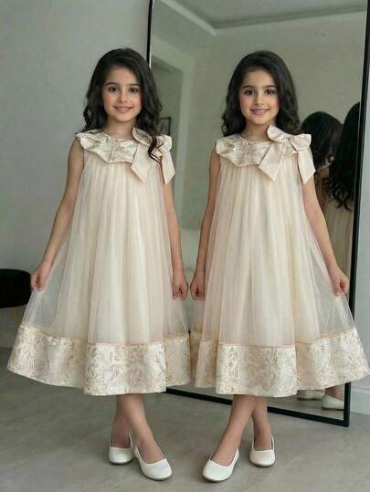 SHEIN Tween Girl Loose Casual Round Neck Sleeveless A-Line Dress With 3D Flower & Big Bow Decoration