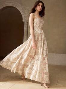 MOTF PREMIUM Đầm dài nữ chất liệu có họa tiết, màu kaki nhạt. - Màu be - Xem 6