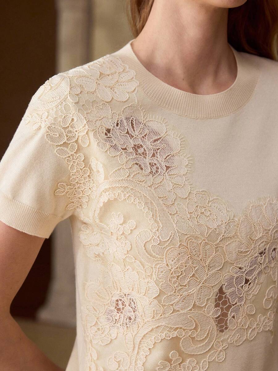 MOTF PREMIUM WOMEN'S CONTRAST LACE SHORT SLEEVE KNIT TOP - Apricot - View 1