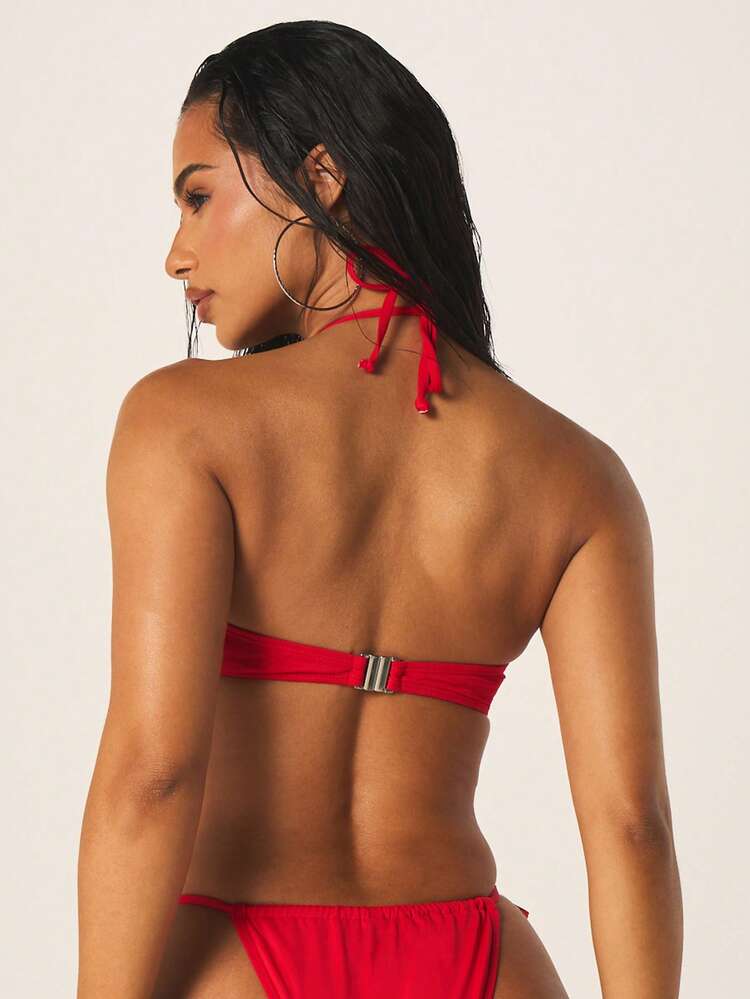 MISSGUIDED Women's Red Halter Bikini Set With Sweetheart Neckline And Side Tie Cheeky Bottom Two Piece Swimwear Beach Vacation Summer
