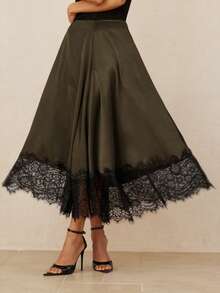 Aveloria Rosie Elegant Minimalist Versatile Commuting Satin Asymmetrical Hem Contrast Lace Midi Skirt - Army Green - View 3