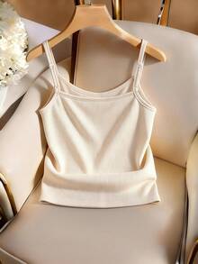 Franclia Áo camisole nữ màu trơn, thiết kế cài nút, chất liệu gân, kiểu dáng thường ngày. - Màu be - Xem 2