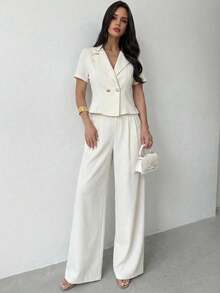 Firerie Bộ đồ vest thường ngày ve áo cổ bẻ tay ngắn hai hàng khuy trơn màu dành cho nữ và quần ống rộng - Màu be - Xem 3
