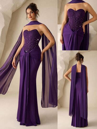 Coutiva Elegant Women's Formal Contrast Lace Dress With Crystal Decor, Bow Tie And Flowing Ribbons, Luxury Evening Gown Purple Evening Dress Elegant Purple Dress Classy Purple Dress Mother Of The Bride Dress Purple Formal Dress Purple Classy Elegant Dress Purple Gown Purple Dress For Wedding Guest Mother Of The Bride Evening Dress Classy Elegant Purple Dress Mother Of The Bride Dress Evening  Graduation Ceremony, School Opening, Music Festival, Birthday Party, Wedding, Afternoon Tea Gathering, Ball