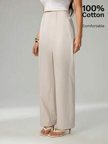 SHEIN Tall 夏季女士浅米色100%纯棉休闲优雅西装裤 - 卡其色 - 查看 5