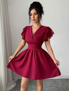 SHEIN Elenzya New Women's Reversible Woven Solid Color Waist Drawstring Chiffon Patchwork Ruffle Sleeve Design Casual Vacation Daily Versatile Elegant Short Dress - Burgundy - View 6