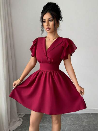 Elenzga New Women's Reversible Woven Solid Color Waist Drawstring Chiffon Patchwork Ruffle Sleeve Design Casual Vacation Daily Versatile Elegant Short Dress