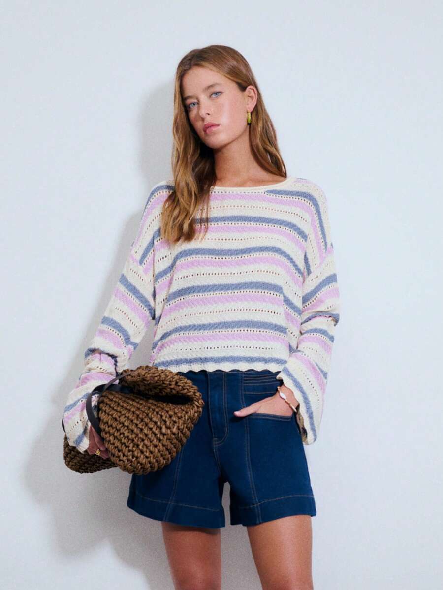 Nöista Open Knit Sweater , Round Neckline, And Scalloped Hem, Features Horizontal Stripes, Relaxed Fit. Beachwear, Spring, Summer, Easter, Casual Look. - Multicolor - View 1