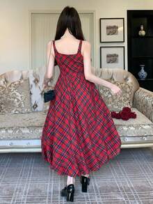 DAZY Women's Elegant Patterned Square Neck Sleeveless Pleated Midi Dress, Summer,Wedding Guest Dress Women - Red - View 2