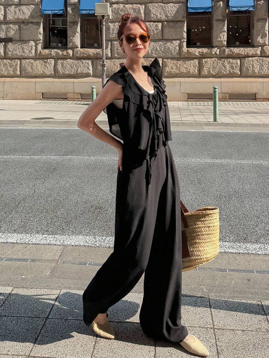 FRIFUL 女士纯色荷叶边衬衫和阔腿裤休闲两件套家居服套装,夏季女士休闲装 - 黑色 - 查看 1