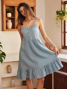 Lullawish 柔软纯色荷叶边波西米亚风睡裙 女士吊带裙 女士休闲连衣裙 女士睡衣 女士夏季休闲套装 女士休闲连衣裙 夏季连衣裙 棉质连衣裙 吊带连衣裙 蓝色中长连衣裙 女士睡衣 女士吊带连衣裙 女士夏季连衣裙 女士休闲连衣裙 女士夏季春季连衣裙 - 霧霾藍 - 查看 2
