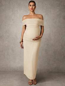 MaterniChic Vestido elegante de fiesta y salida con hombros descubiertos y fruncido de unicolor para mujeres embarazadas - Albaricoque - Ver 7