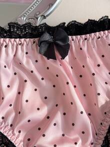 粉色蕾丝拼接缎面波点印花蝴蝶结复古浪漫女士内裤 - 粉色 - 查看 3
