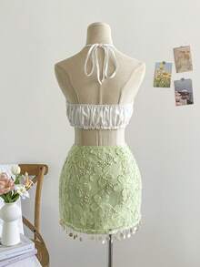 Soleia 性感迷你裙，女士刺绣雪纺紧身裙，鼠尾草绿迷你裙，紧身裙，春夏亮绿色蕾丝裙，夏季仙女风钩针裙，适合春夏派对、嘉年华、婚礼、外出、度假等场合，优雅休闲。 - 綠色 - 查看 3