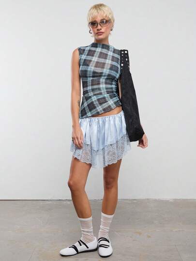 COUREZ Asymmetric Mesh Sheer Check Top/Y2K Spring Clothes For Women Cute Sexy Tops For Women Going Out Party Rave Festival Outfits Summer Tops Summer Outfits Y2K Summer Clothes For Women Summer Outfits For Women Festival Outfits Concert Outfits Spring Outfits For Women