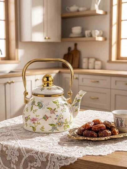 Cirelle Floral Enamel Kettle With Gold Handle – 1.2L /2.5L Stovetop Teapot For Gas Stove, Durable Home Kitchen Essential For Tea & Coffee, Rustic Farmhouse Decor